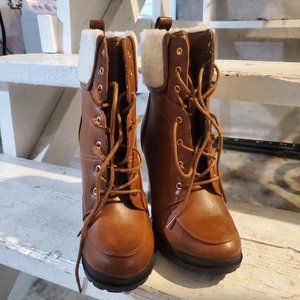 JustFab Brown Lace up Heeled Boots with White Fur Size 7